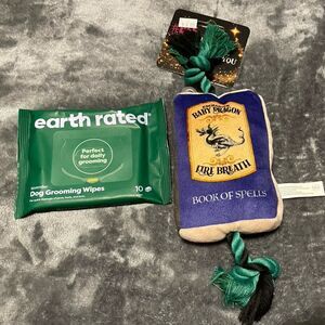 Book of Spells Tarot Card Plush Dog Toy + Lavender Daily Pet Grooming Wipes Lot